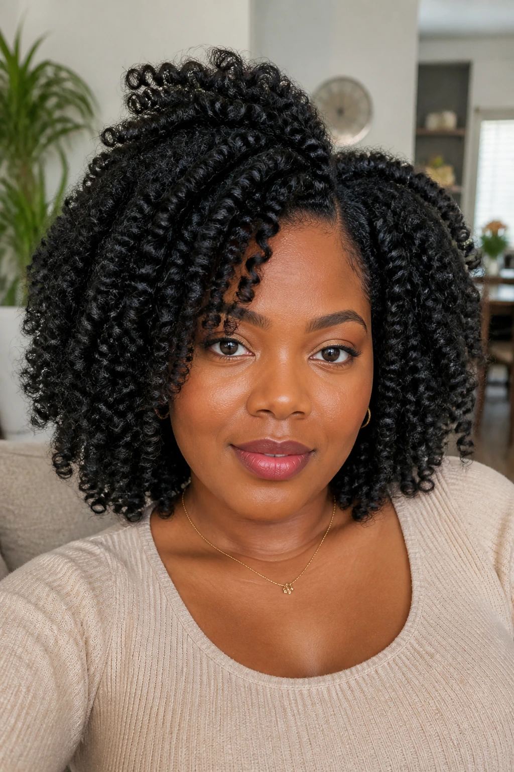 Close-up of a real woman with voluminous twist-out on natural hair