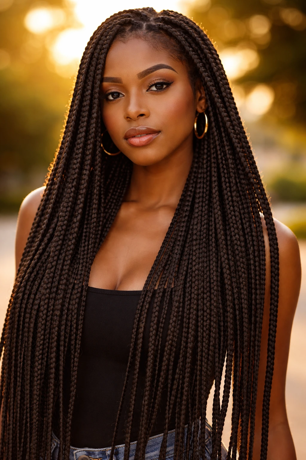 Close-up of a real woman with waist-length box braids outdoors