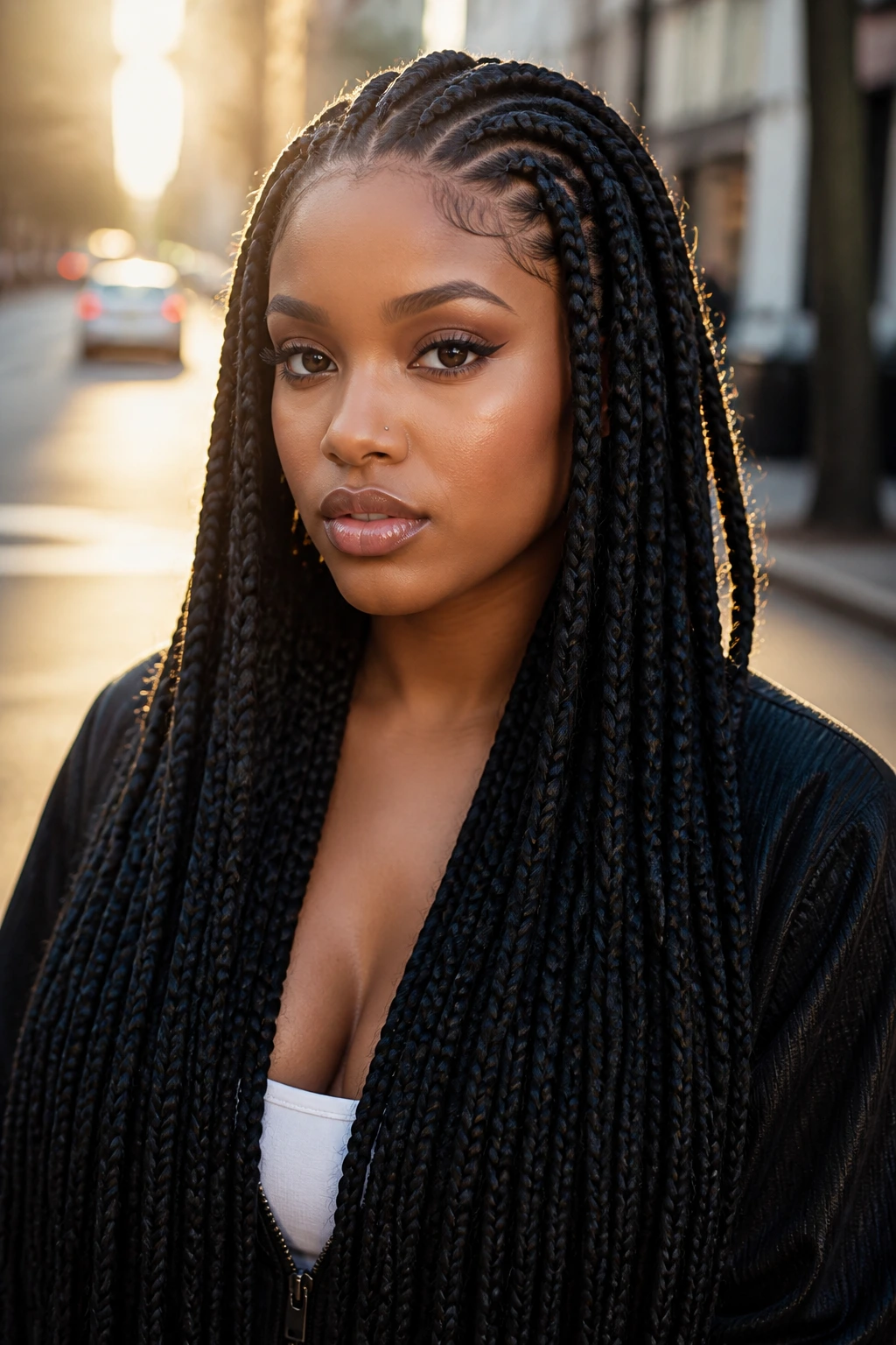 Real woman with waist-length feed-in cornrows on city street at golden hour