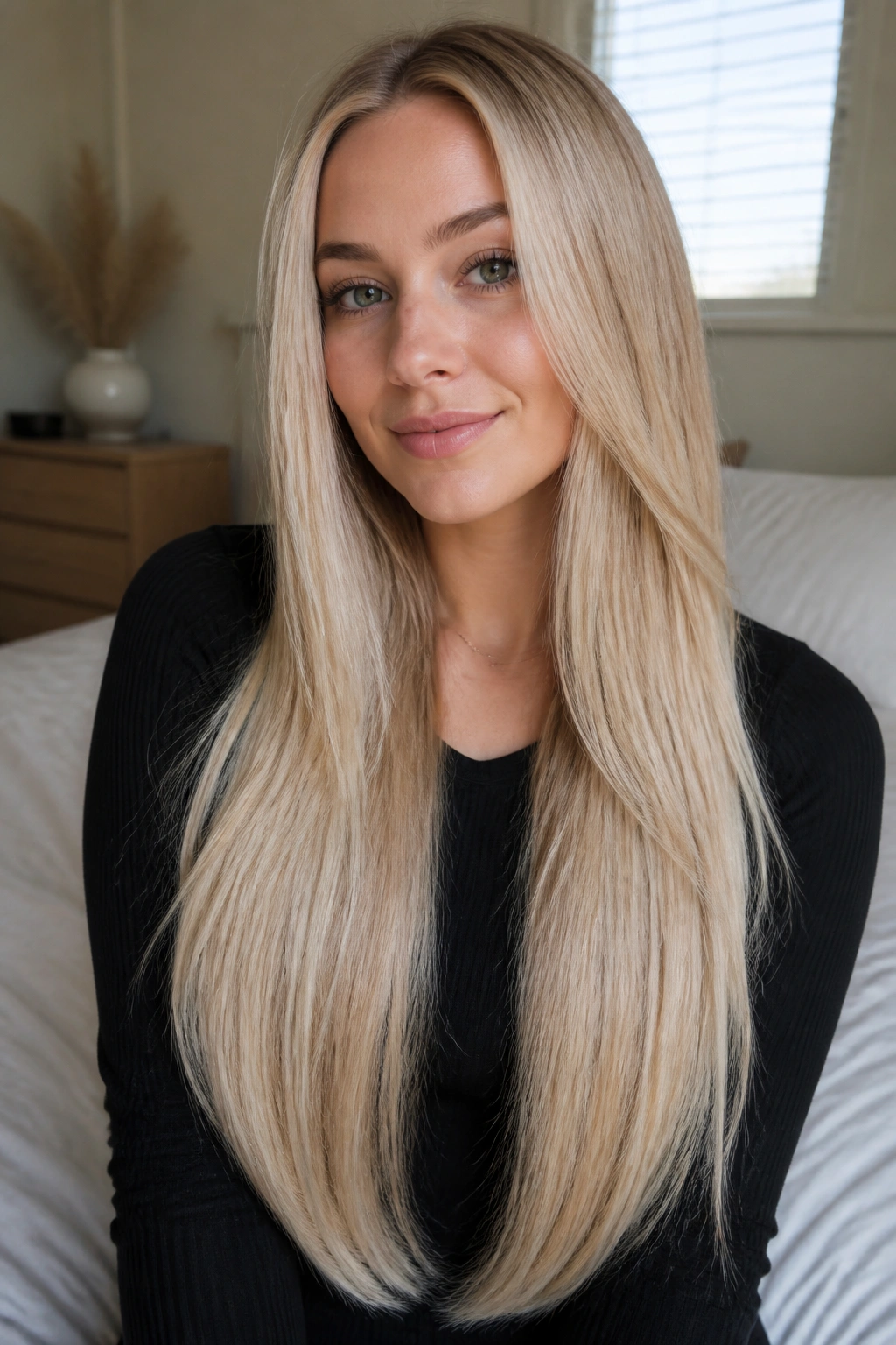 Close-up portrait of a real woman with waist-length cream blonde hair and hidden layers.