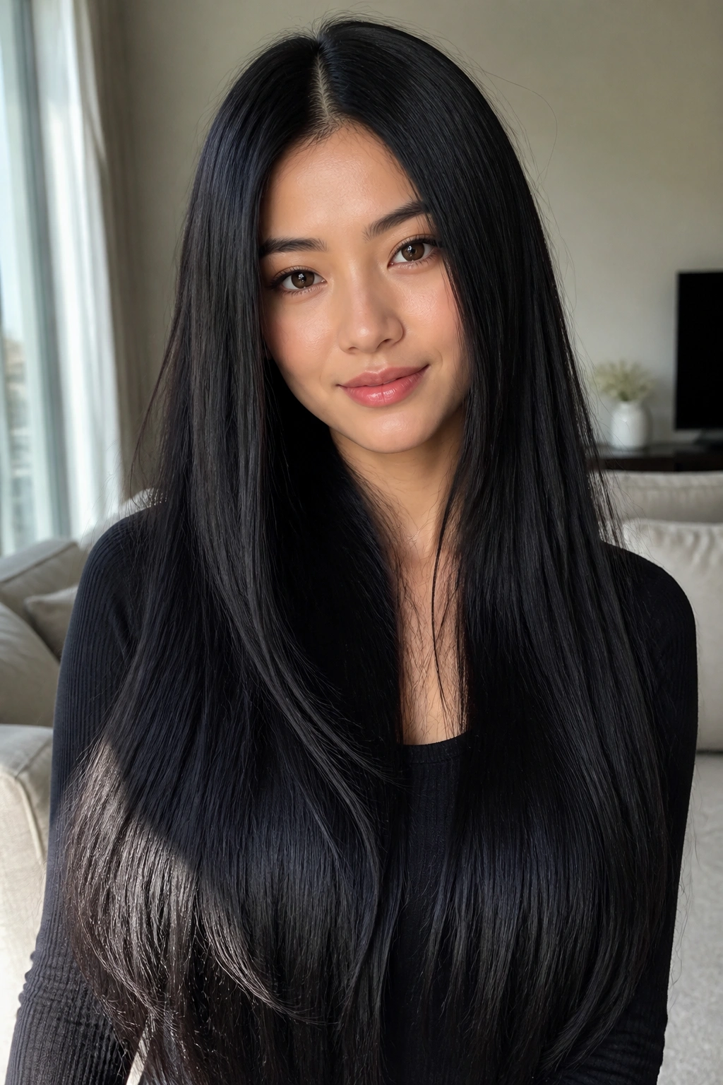 Close-up of a person with waist-length straight jet-black hair and subtle layers.