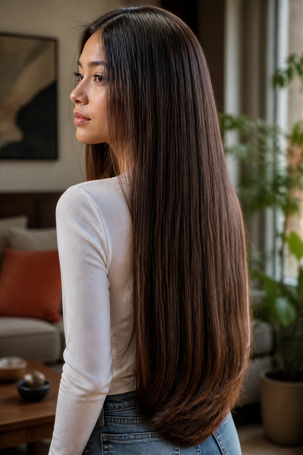 Close-up portrait of a real woman with waist-length U-cut straight hair forming a gentle U at the ends