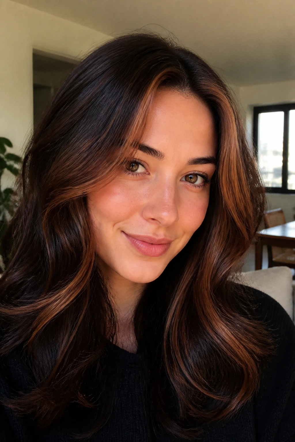 Close-up portrait of a real woman with walnut auburn hair and face-framing pieces in daylight.
