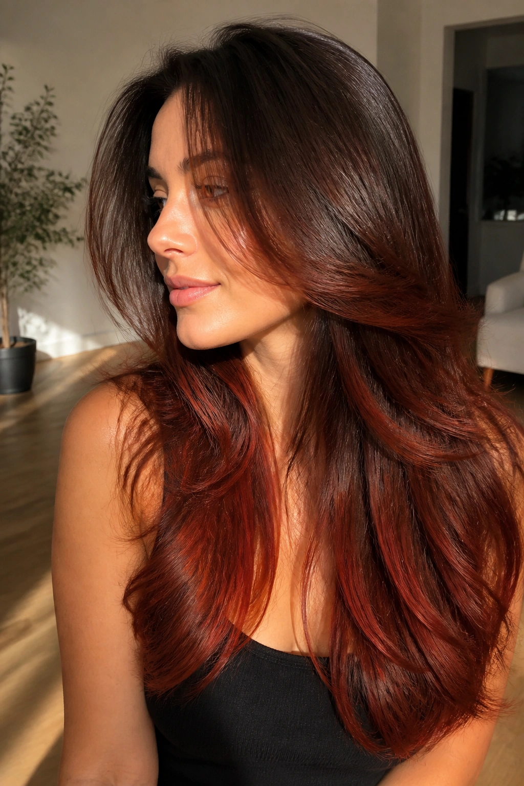 Close-up portrait of a real woman with walnut brown hair and auburn layers