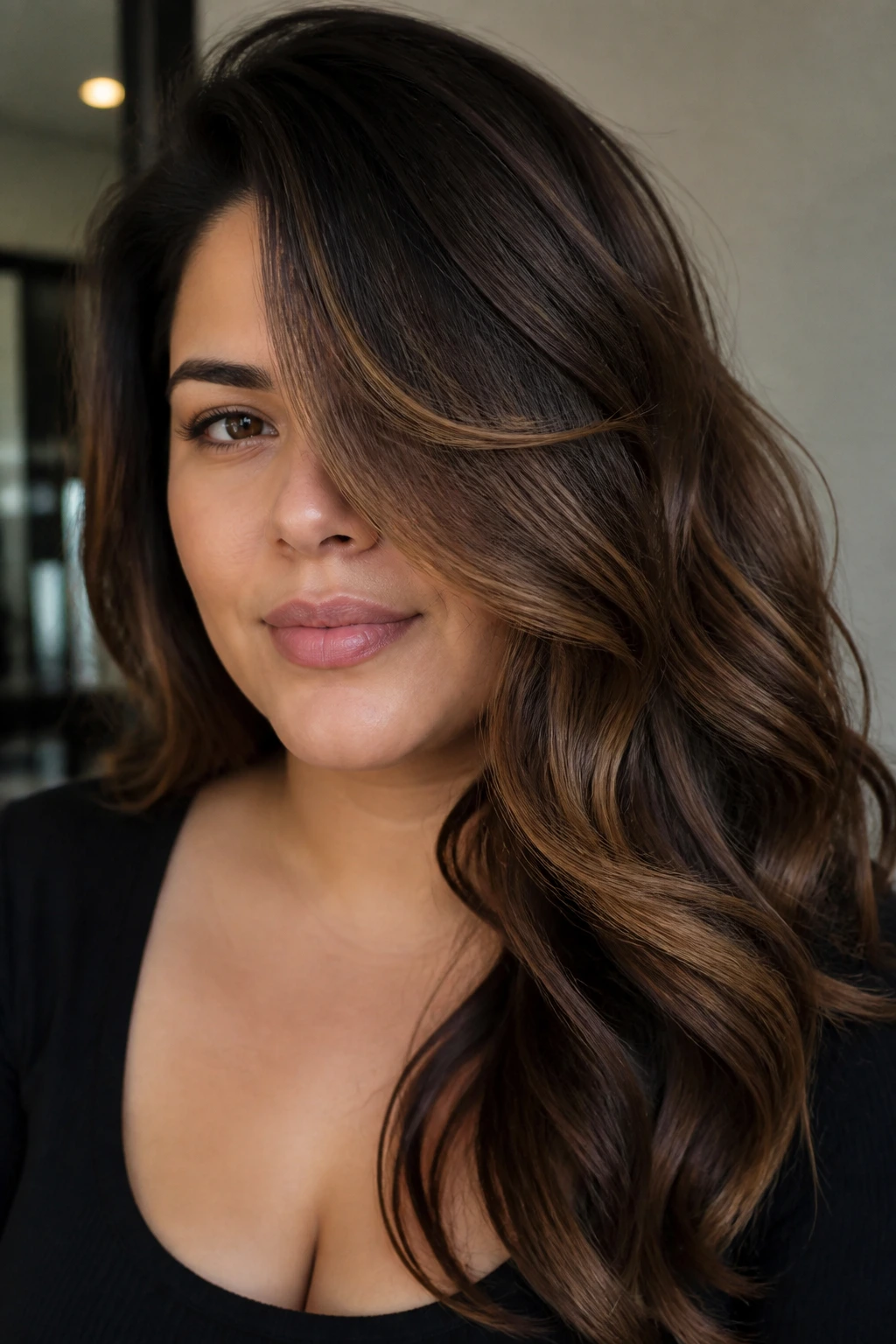 Real woman with walnut balayage and deep side part