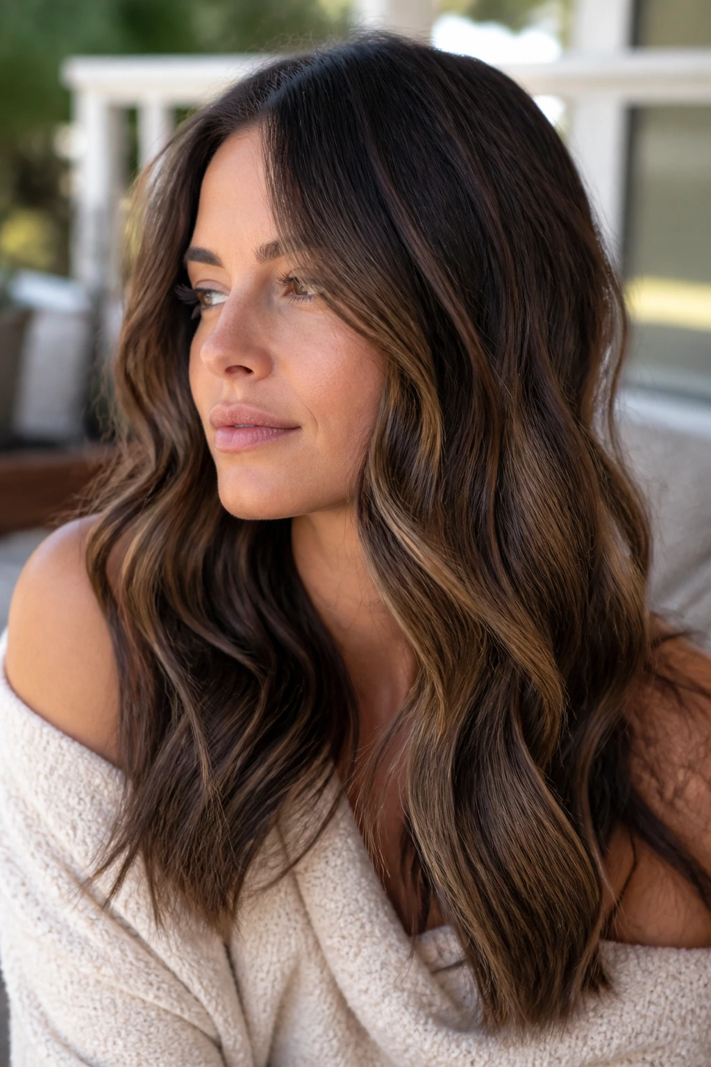 Wavy brunette hair with walnut balayage lowlights in natural light