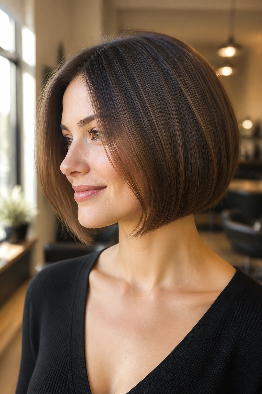 Close-up of a real person with a razor-edged walnut bob, soft perimeter, walnut brown color in a salon