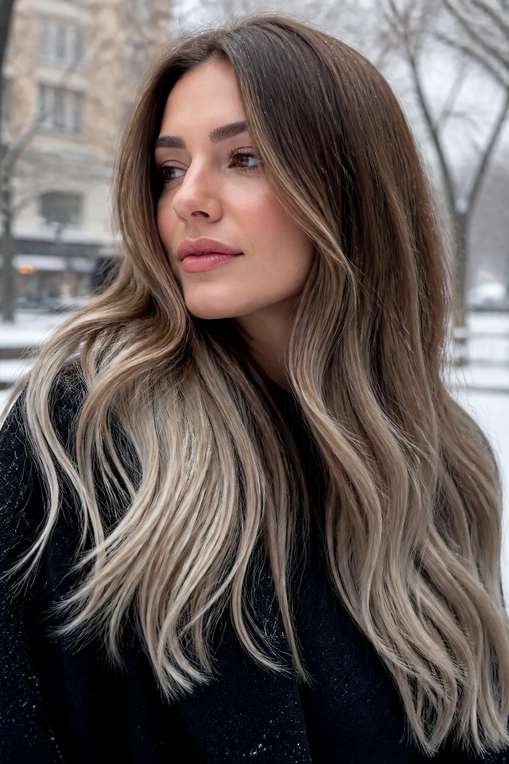 Close-up of a real woman with Walnut Bronde hair and icy ends