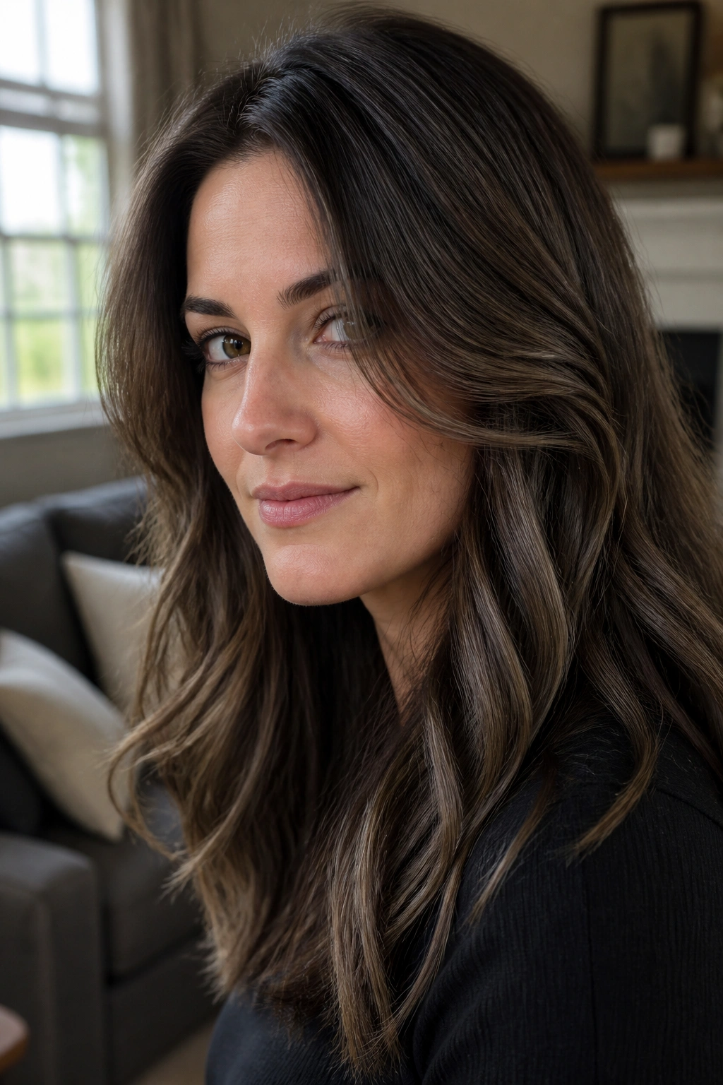 Close-up portrait of a woman with walnut brown hair and ash lowlights in natural window light