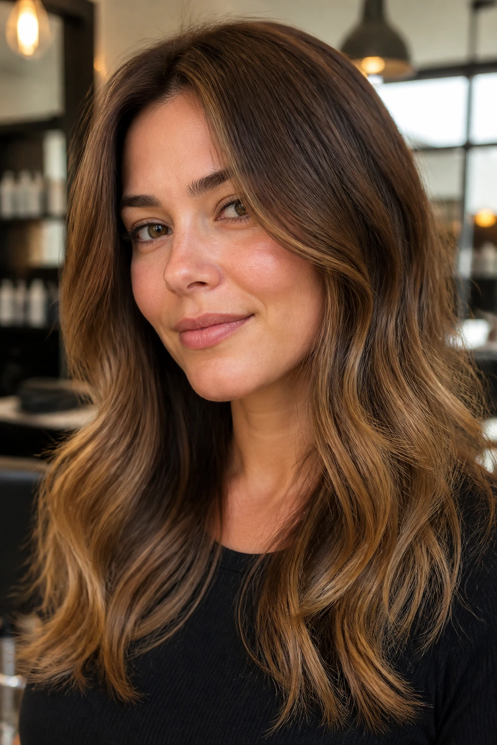 Close-up portrait of a real woman with walnut brown hair and airy light ends under warm window light.