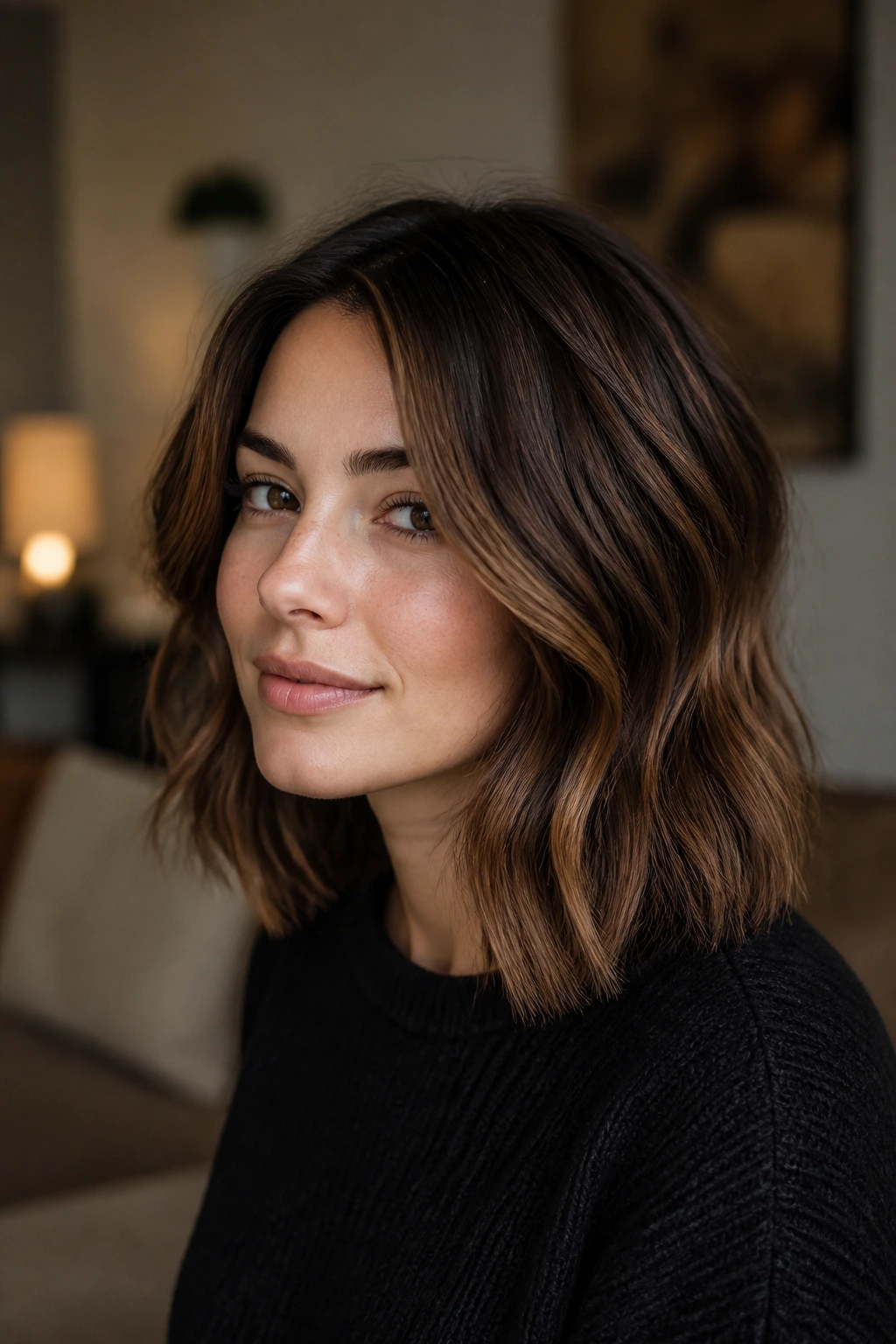 Close-up of walnut brown balayage on brunette hair