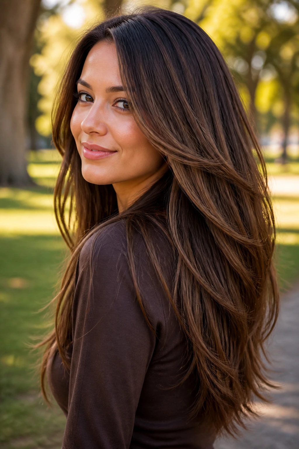 Real woman with walnut brown balayage on a long layered cut outdoors