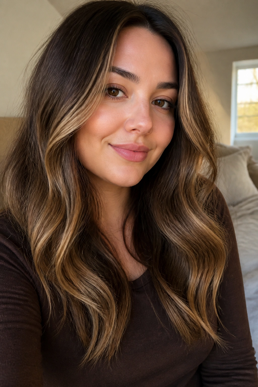 Close-up of walnut brown hair with beige ribbon highlights through mid-lengths on a real person