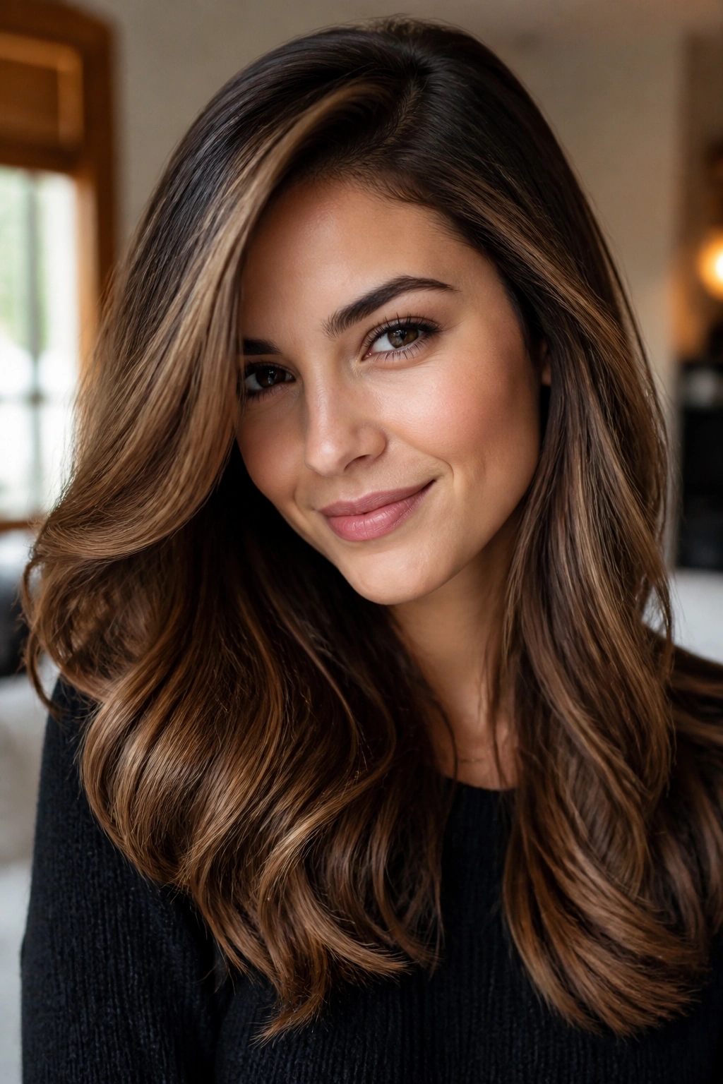 Close-up portrait of walnut brown balayage with a side part on a real person