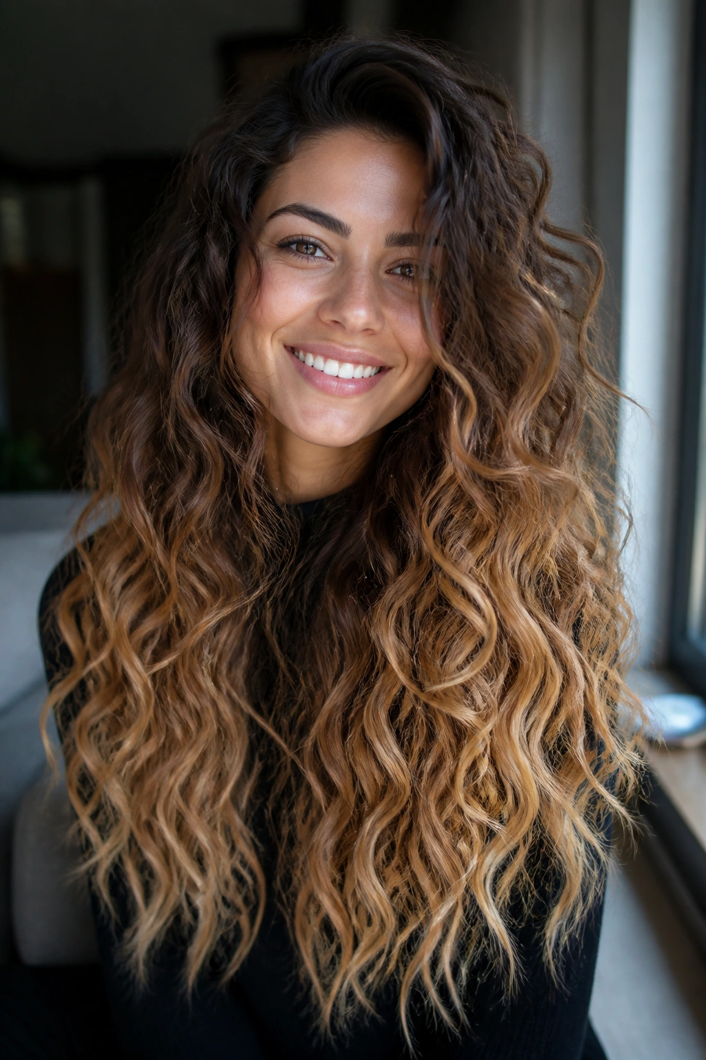 Close-up of a real woman with curly long hair transitioning from walnut brown to sunlit blonde.
