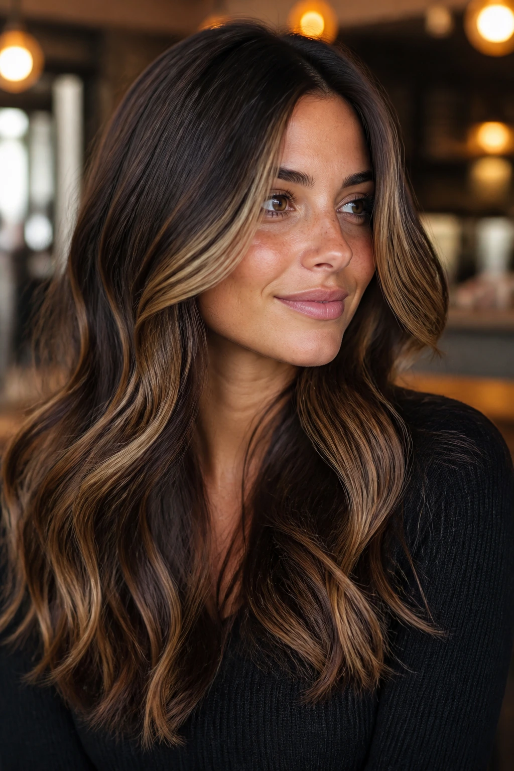 Close-up of walnut brown hair with bronze-caramel blend on a real woman