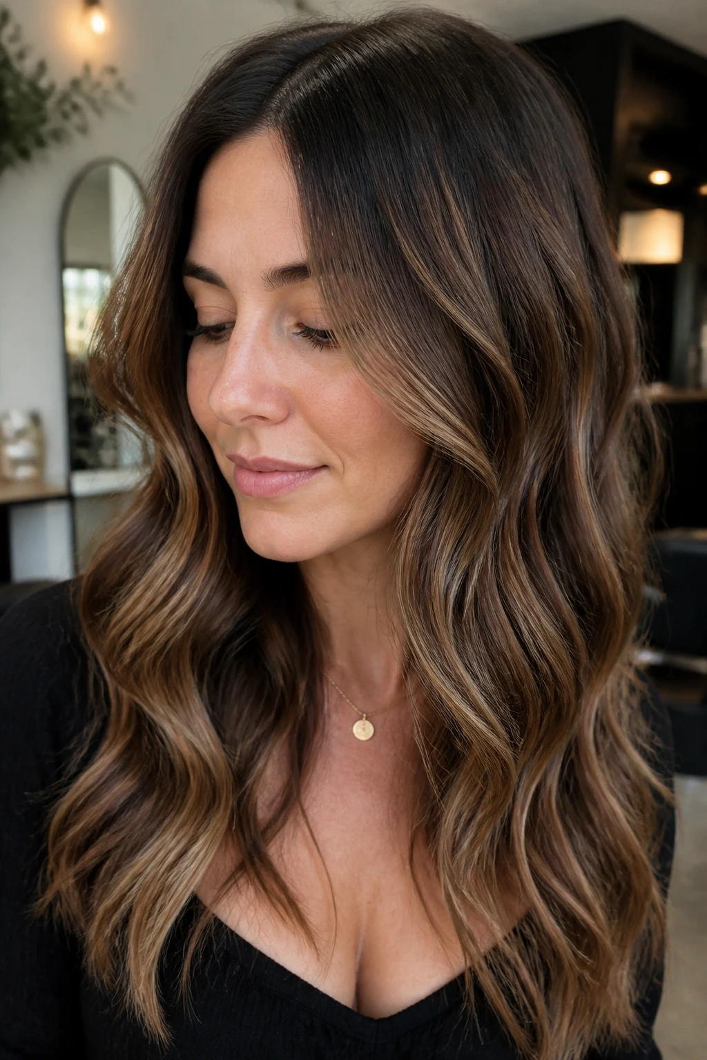 Portrait of walnut brown hair with caramel lowlights in a soft salon light.