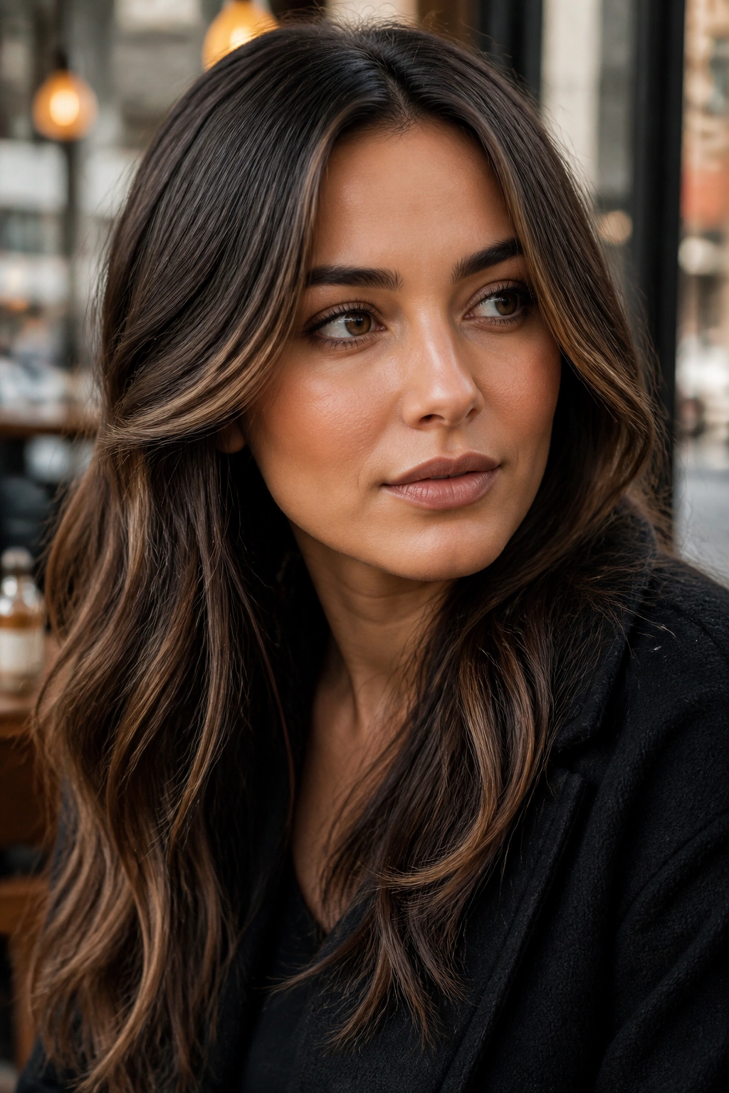 Portrait of a real woman with walnut brown contour color around temples and cheeks
