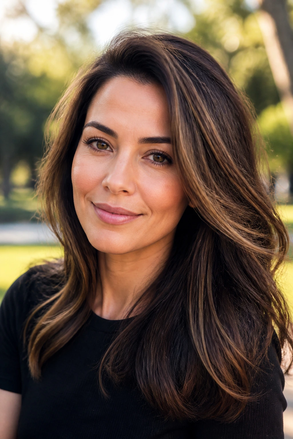 Close-up of walnut brown hair with soft caramel contour highlights