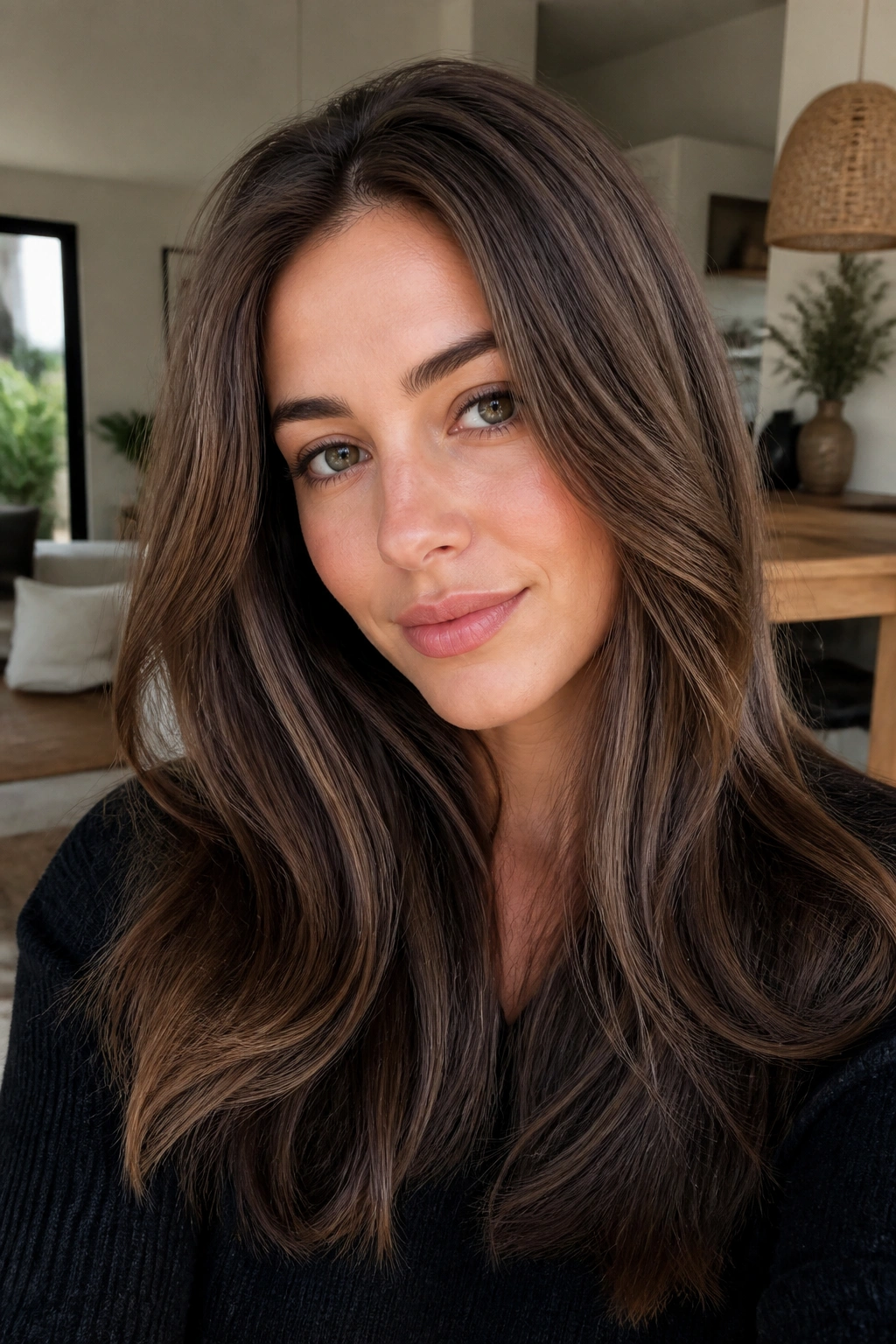 Portrait of a woman with walnut brown hair and cool lowlights.