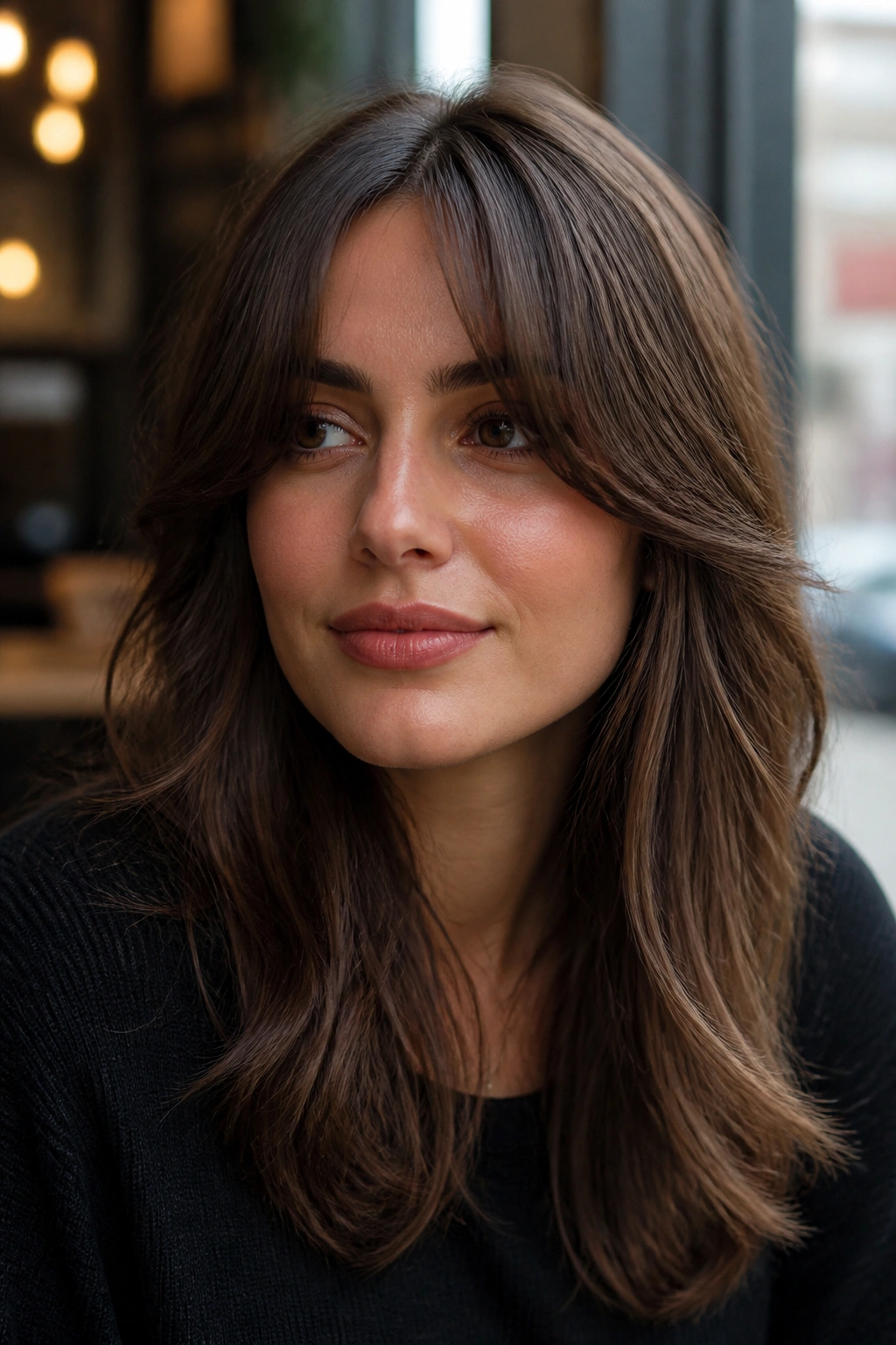 Portrait of a woman with walnut brown hair and curtain fringe