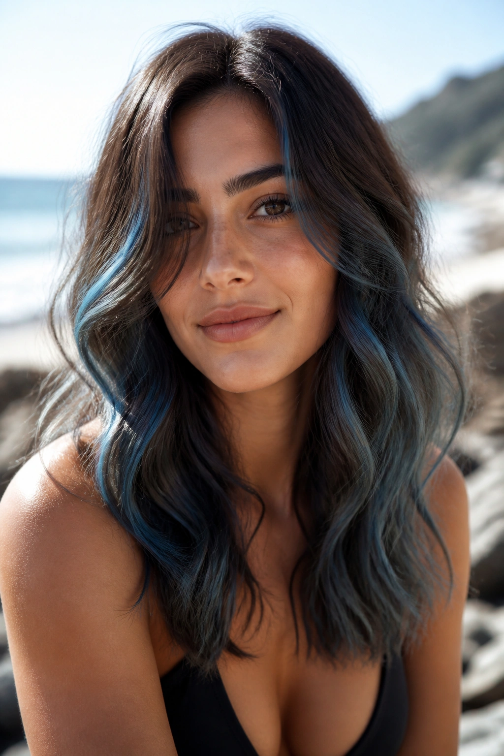 Close-up portrait of a real person with walnut brown base and denim balayage in soft waves.