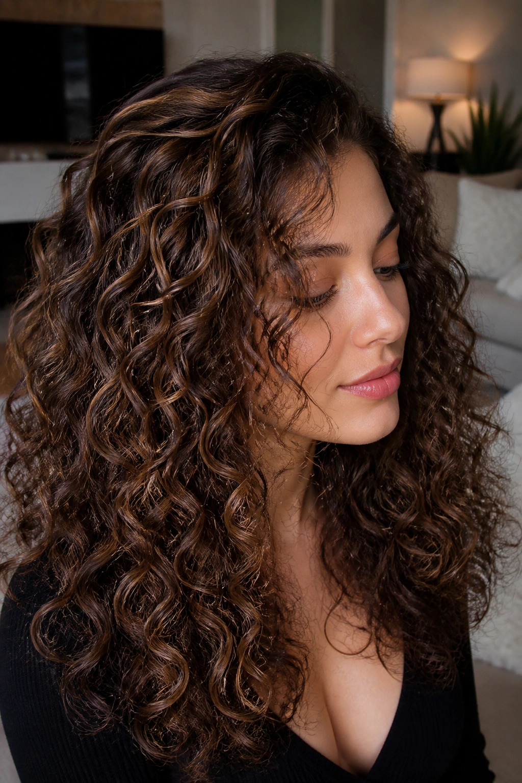 Close-up of a real person with walnut brown hair and fine babylights.