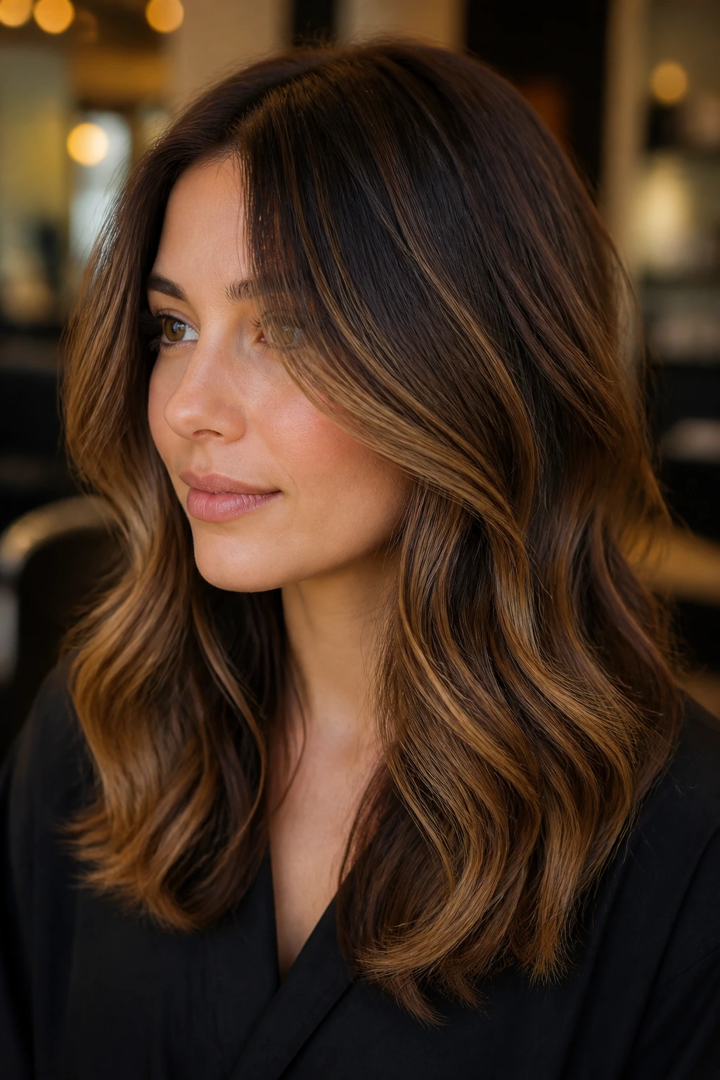 Walnut brown hair with soft golden veils and mid-length highlights