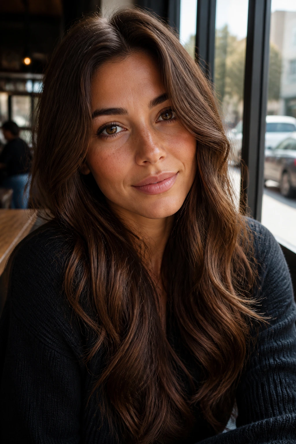 Close-up portrait of a real woman with walnut brown hair in natural light