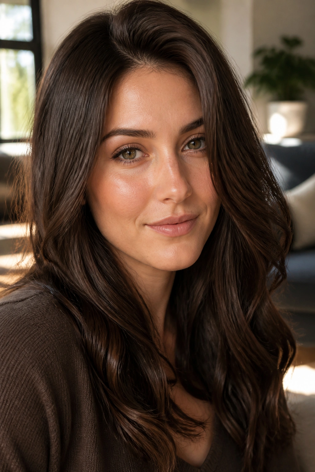 Close-up portrait of a woman with walnut brown hair and cool undertones