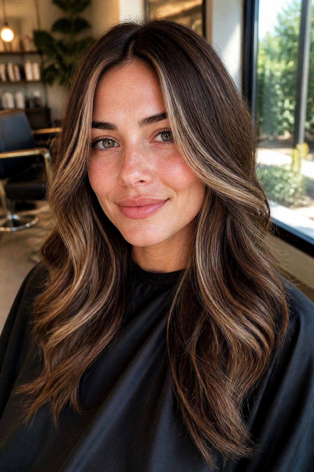 Close-up portrait of a real person with walnut brown hair and beige-ash highlights framing the face.