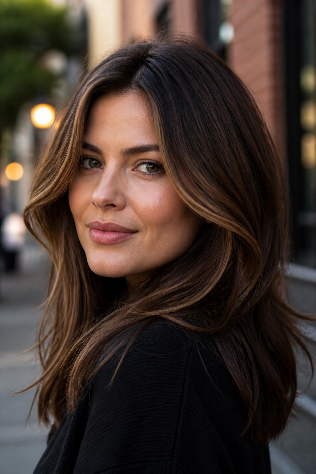 Close-up of a woman with walnut brown hair and subtle face-framing highlights