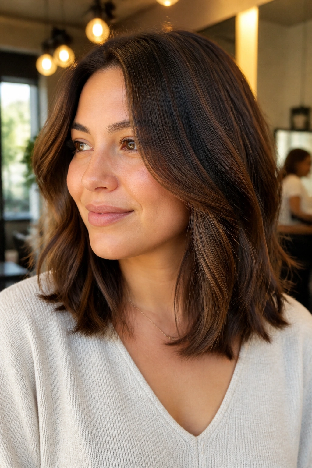 Close-up of a real woman showing walnut mid-length cut with face-framing pieces