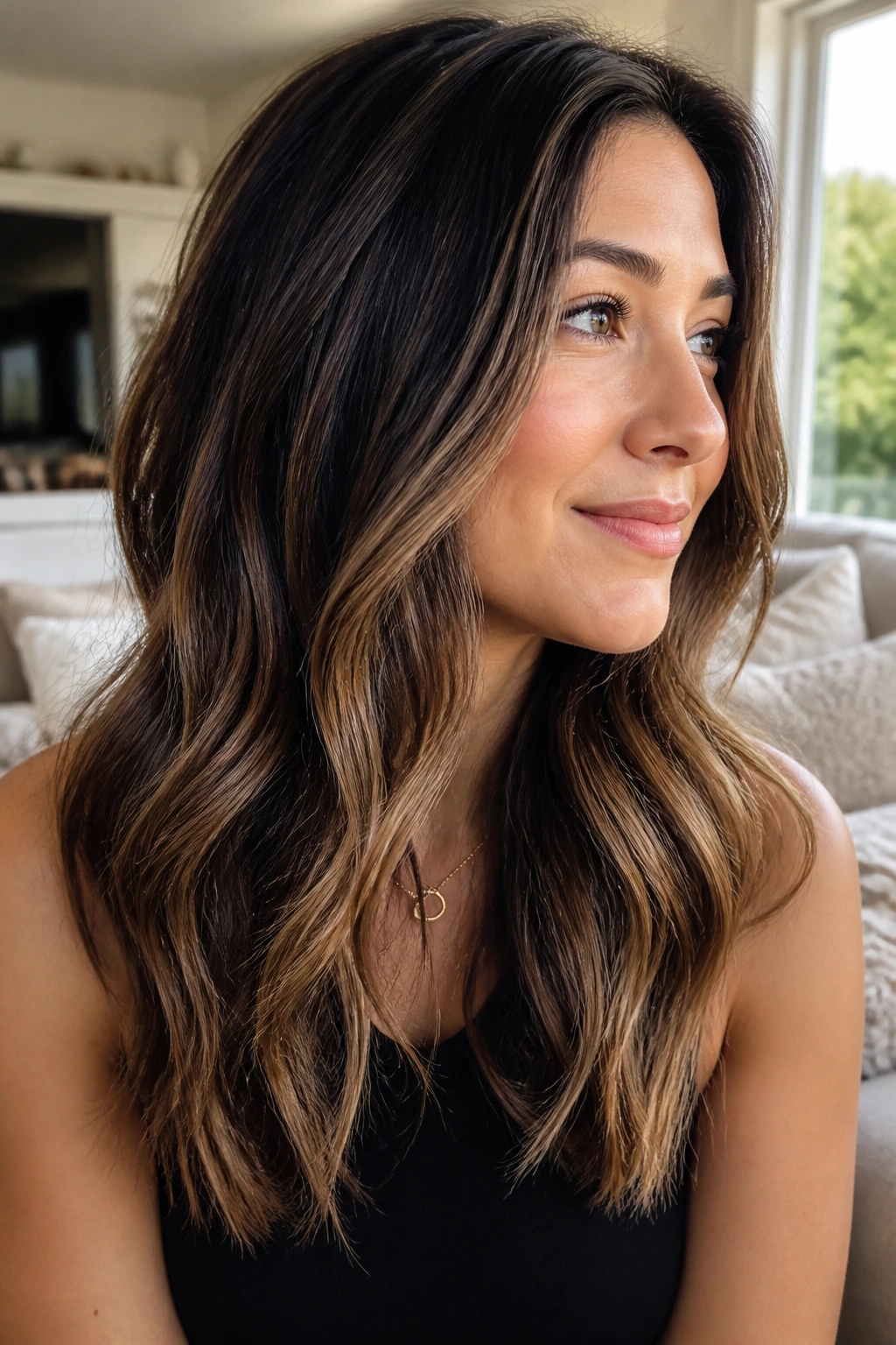 Close-up of a real woman with walnut brown base and lightened mid-lengths.