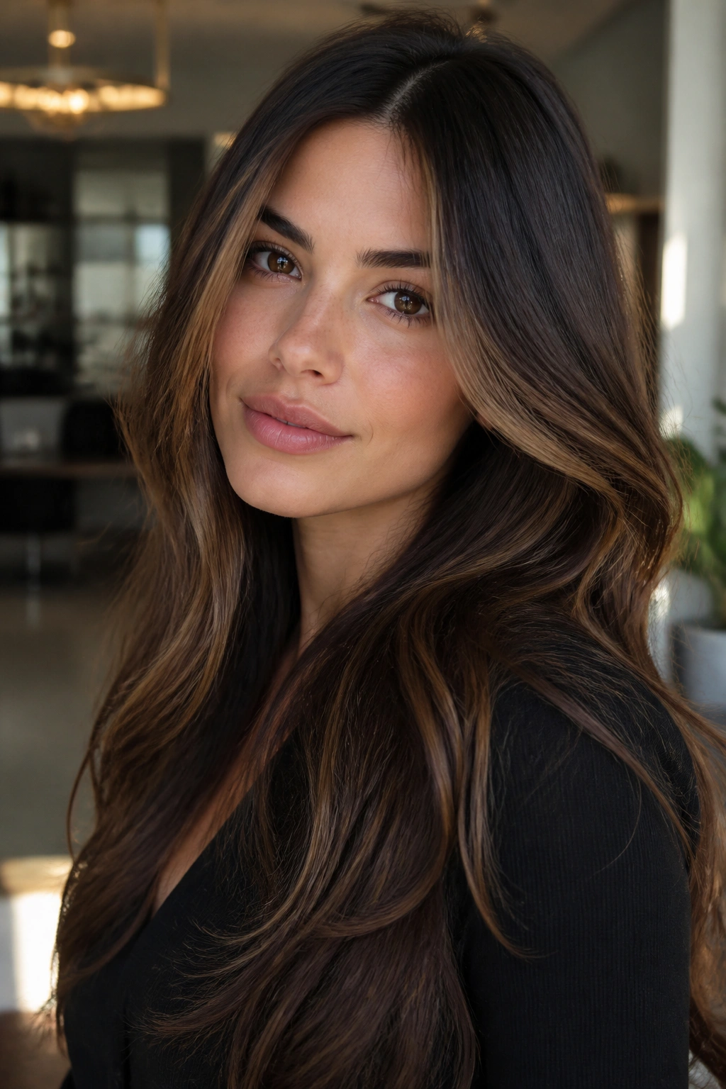 Close-up of a real woman with walnut brown ombre and a soft money piece.
