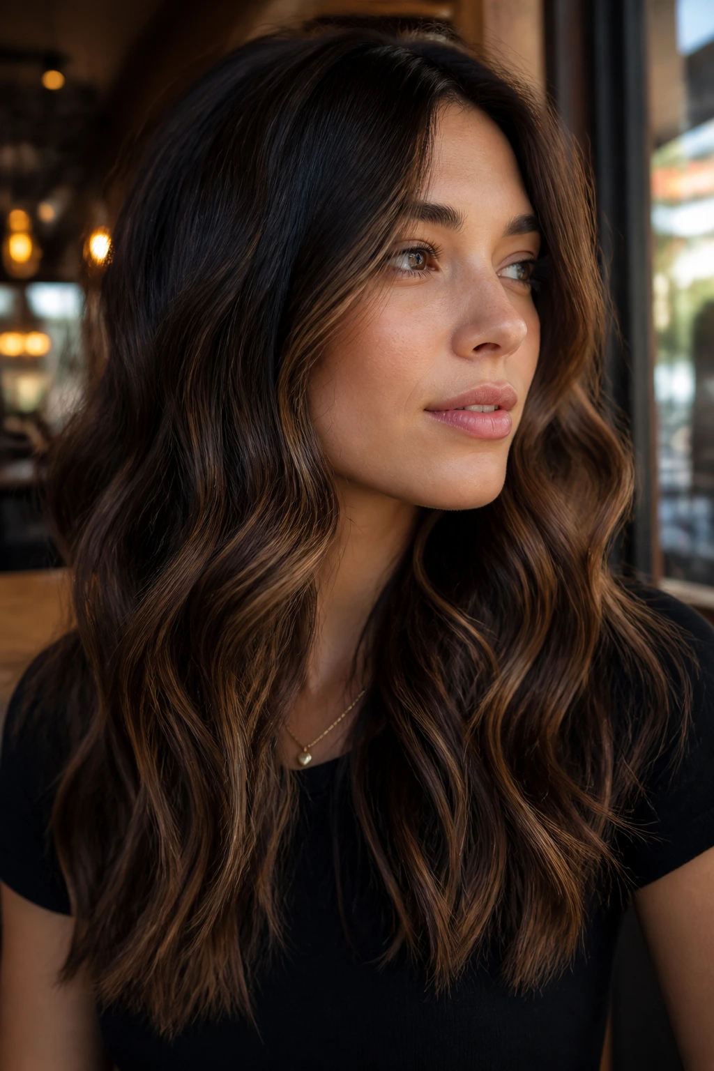 Close-up portrait of brunette with walnut brown panel lowlights creating depth