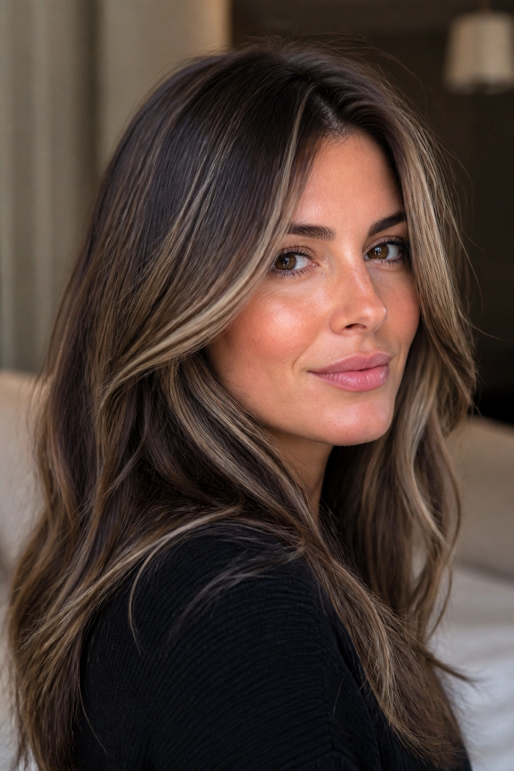 Woman with walnut brown hair and pearl highlights