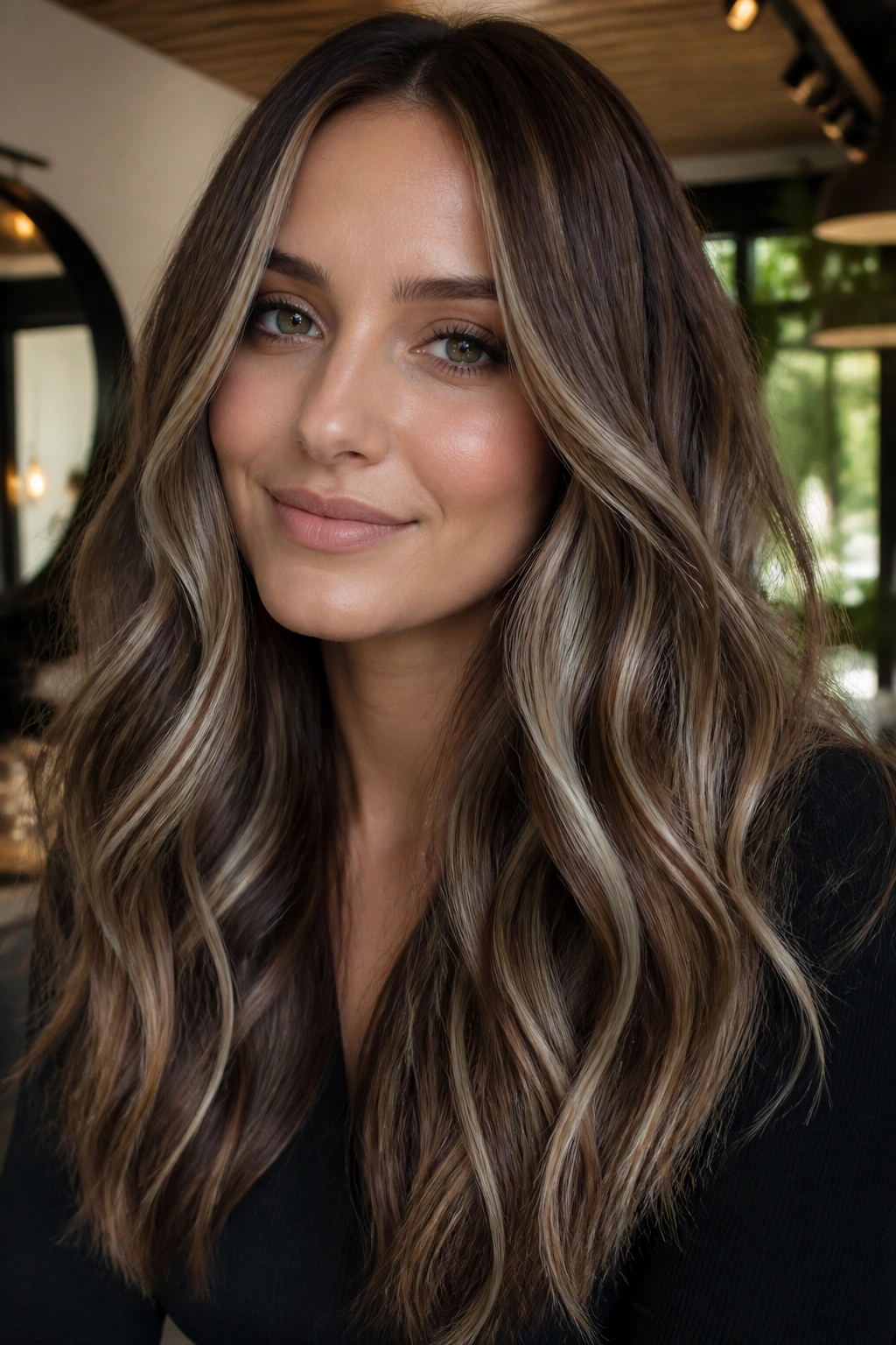 Close-up portrait of walnut brown hair with pearl ribbons through mid-lengths in soft lighting