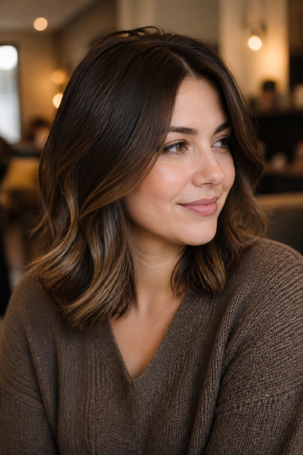 Real woman with walnut brown hair and hidden peekaboo highlights.