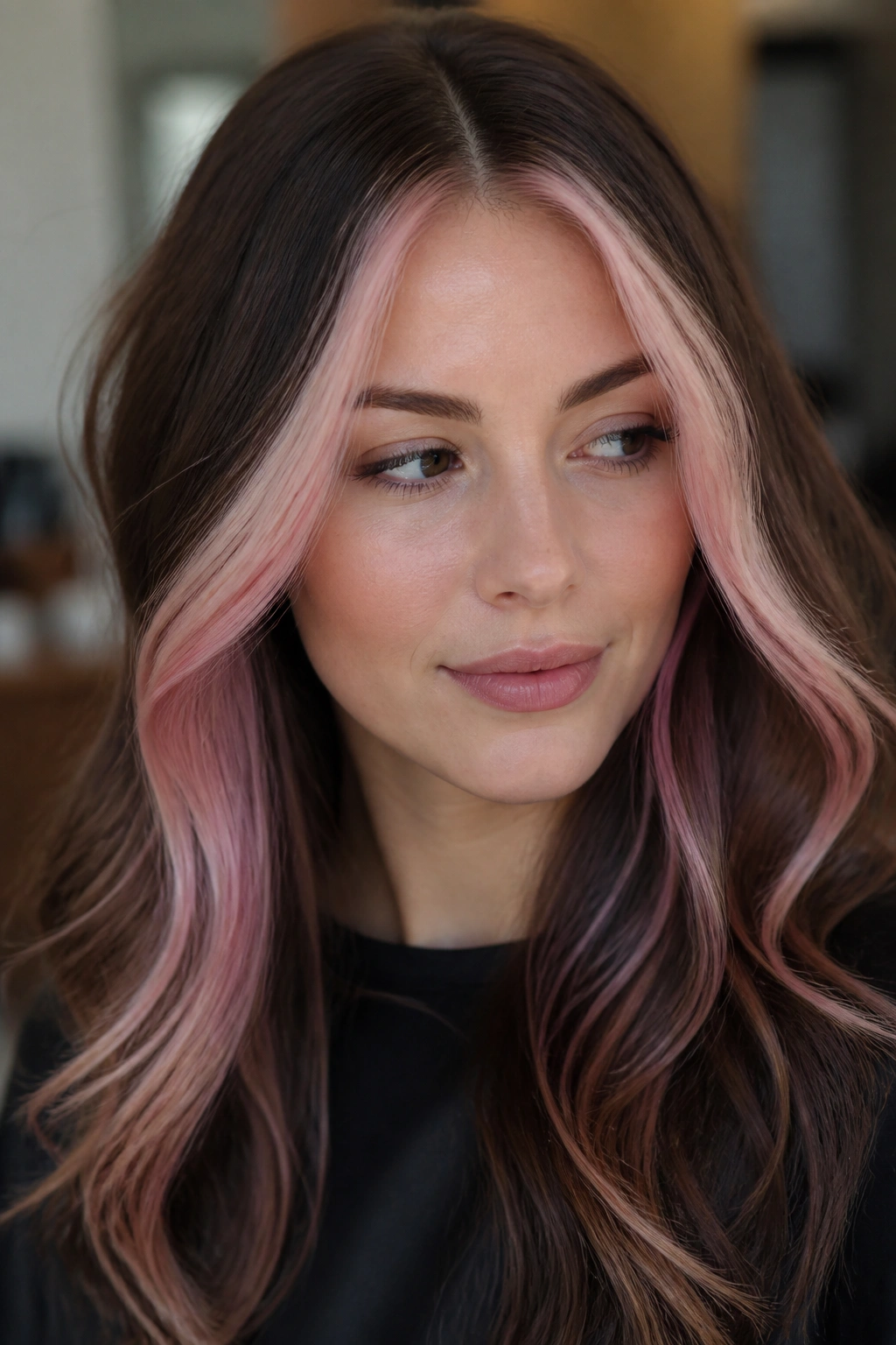 Close-up portrait of a real woman showing walnut brown hair with powder pink face frame