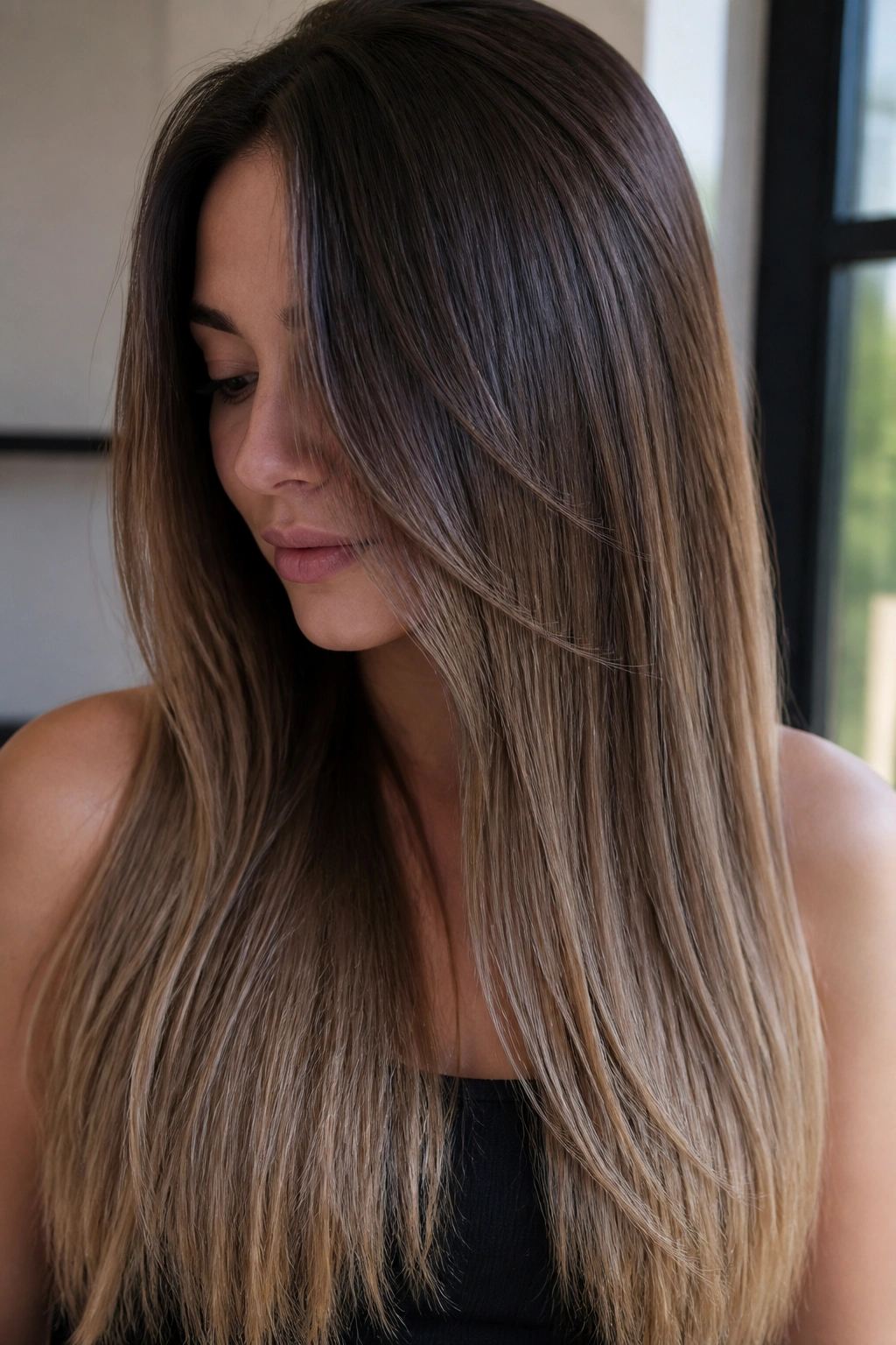 Close-up of walnut brown hair with sandy ends on a real person.