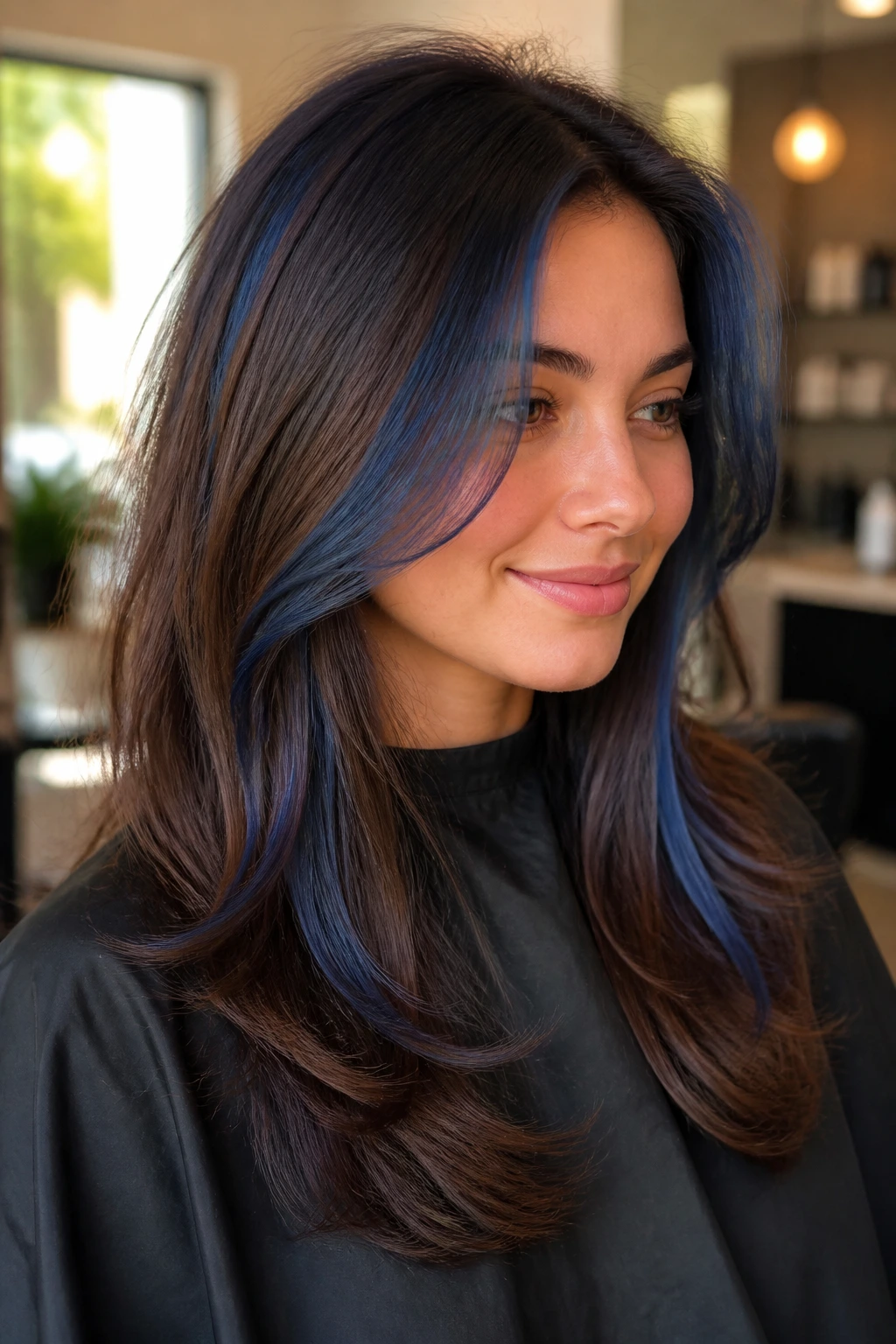 Close-up of a real person with walnut brown hair and sapphire face-framing ribbons