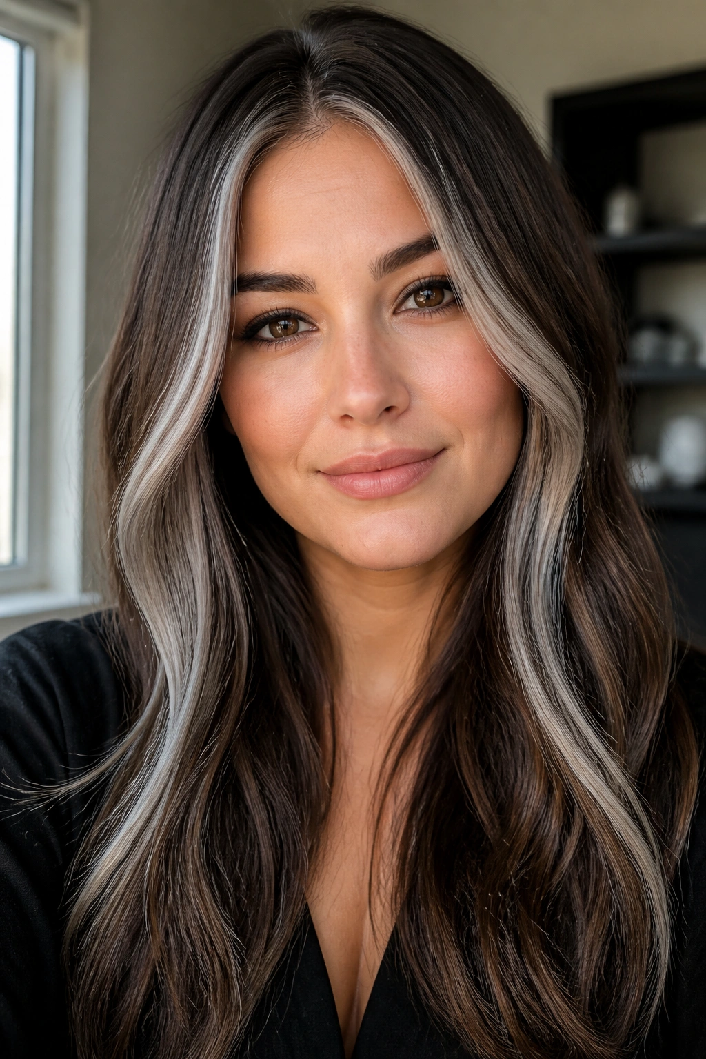 Close-up of walnut brown hair with vertical silver slices