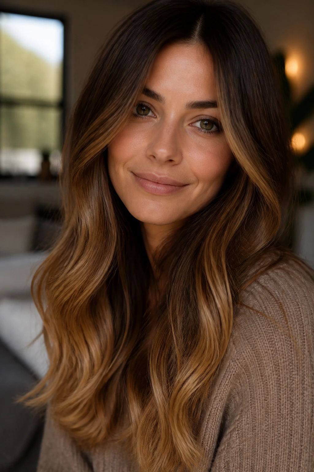 Close-up of a real woman with walnut brown toffee ombre on long hair