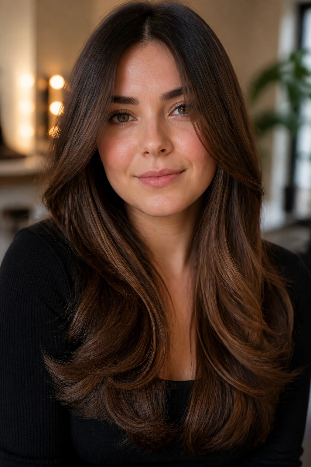 Close-up portrait of a woman with walnut brown hair and long U-shape front pieces framing the face