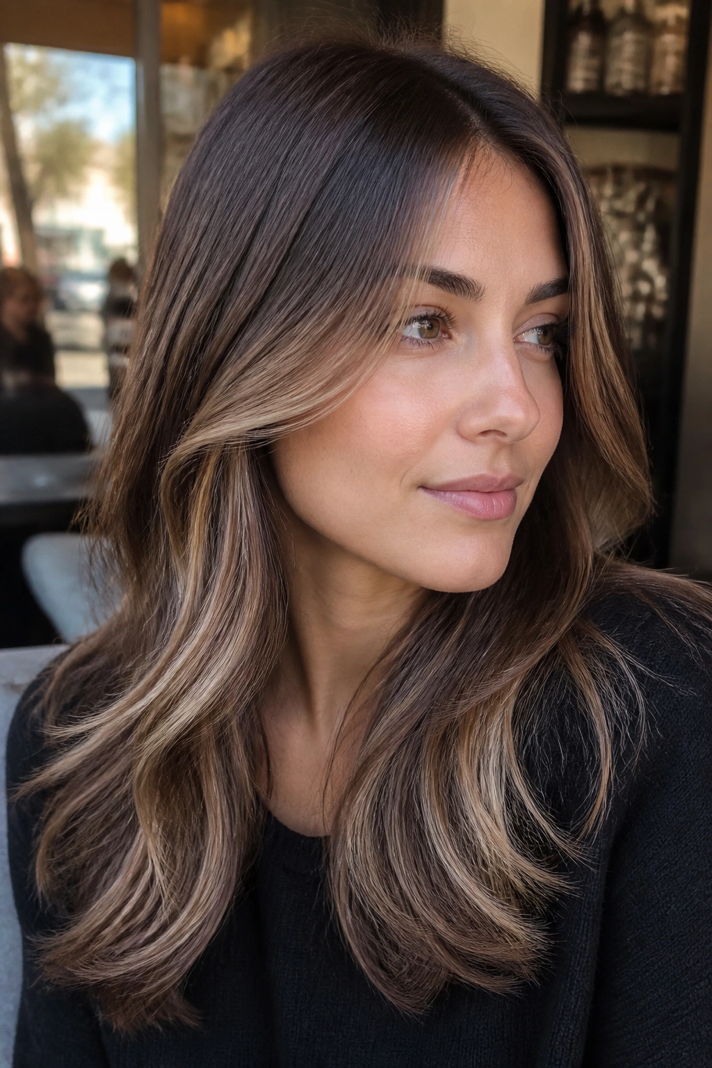 Close-up of a woman with walnut brunette hair and cool beige contouring along the cheeks