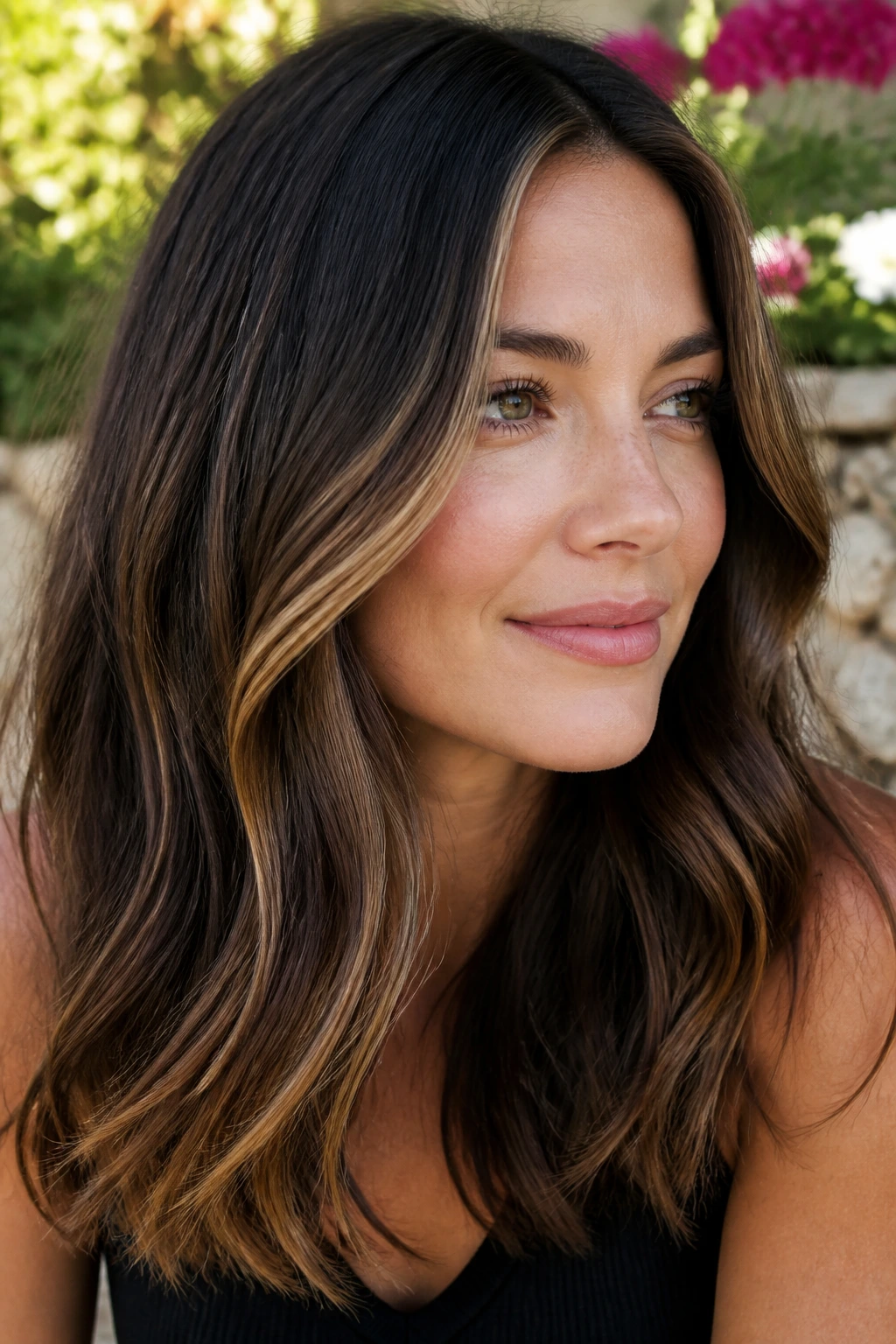 Portrait of a woman with walnut brunette base and caramel babylights.