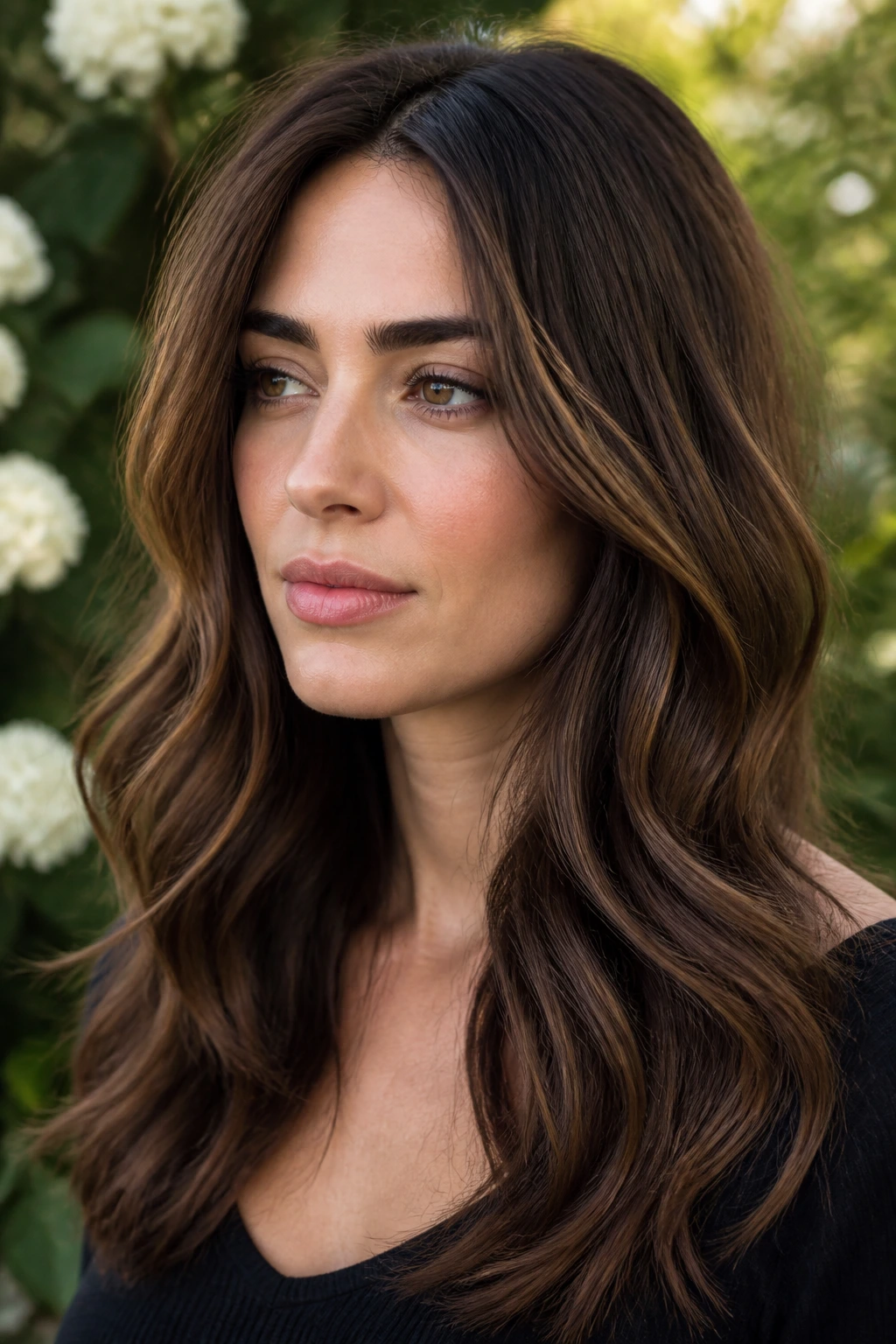 Close-up portrait of a real woman with walnut brunette lowlights in natural outdoor light