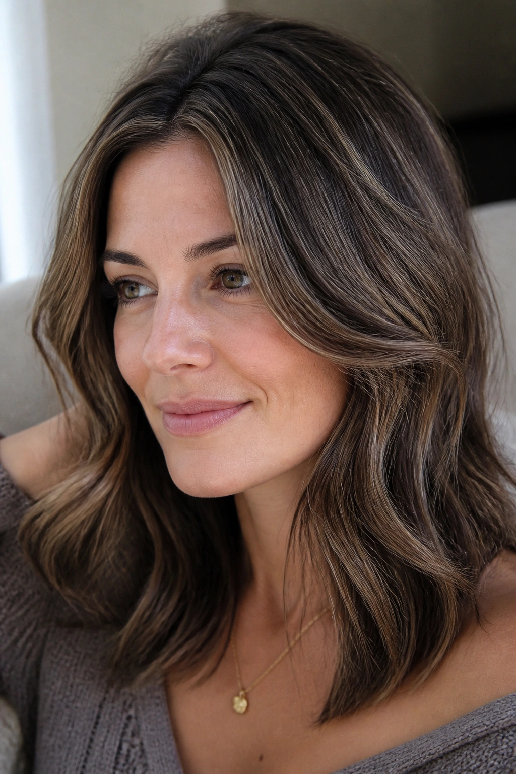 Close-up portrait of a real woman with walnut brown hair and frosted micro-highlights