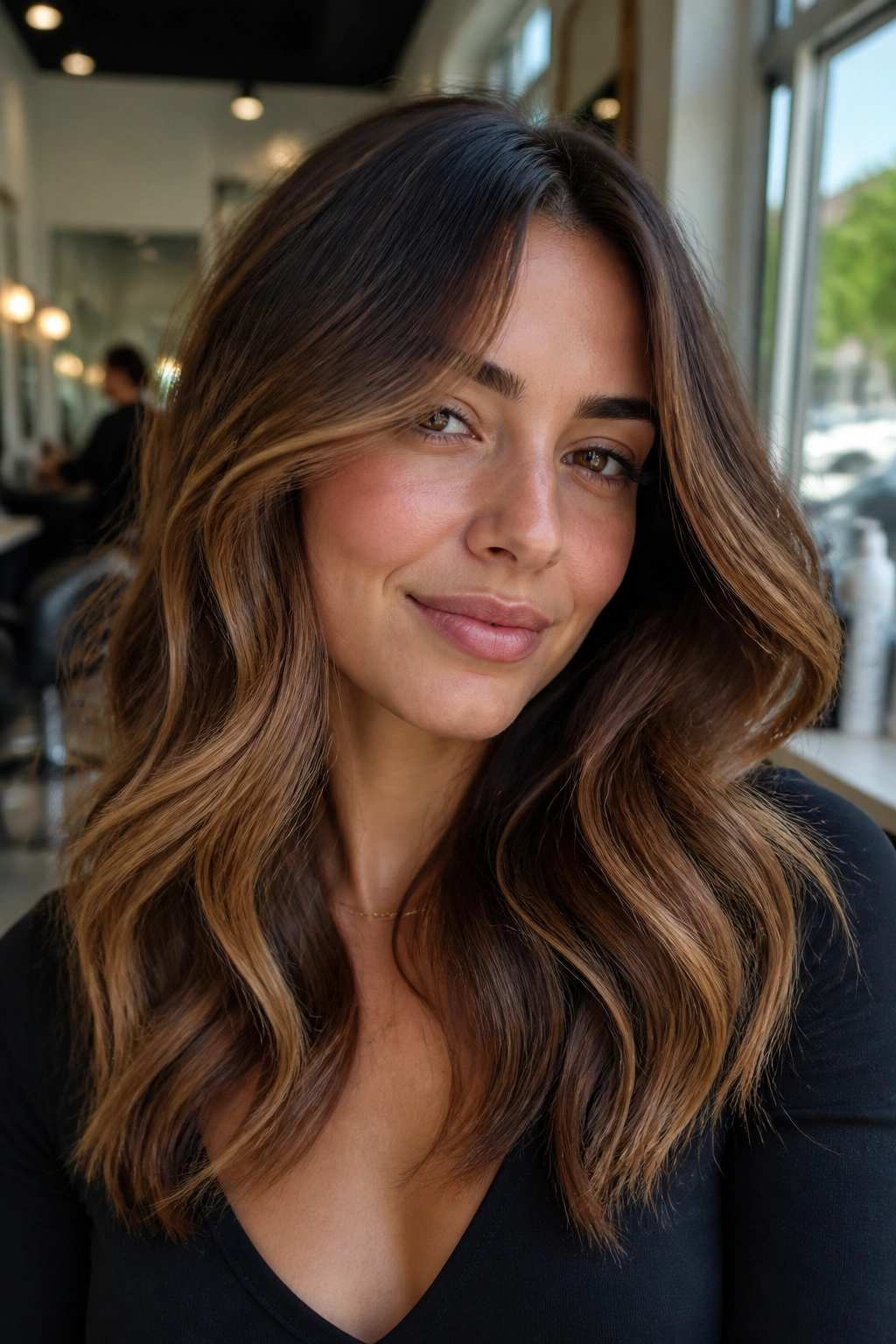 Portrait of a person with walnut brown base and caramel front highlights
